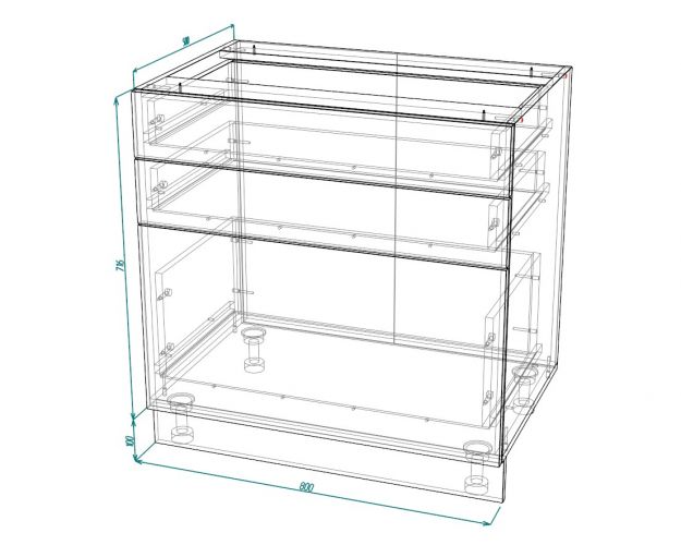 Барселона ШН3Я 800 Шкаф нижний с 3-мя ящиками (Голубой тик/корпус Белый)