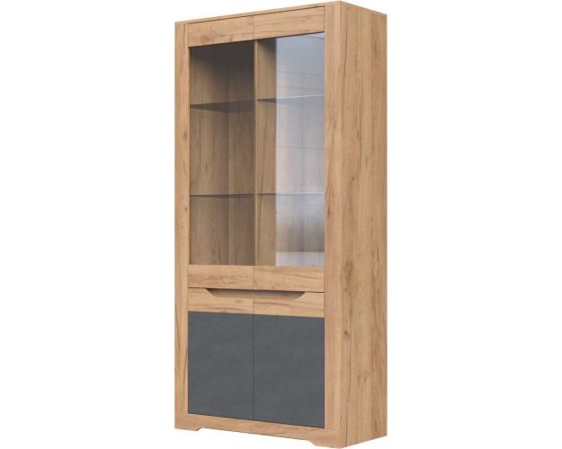 Шкаф с витриной со Стеклополками ШР-2 Римини (Дуб Крафт Золотой/Металл Бруклин)